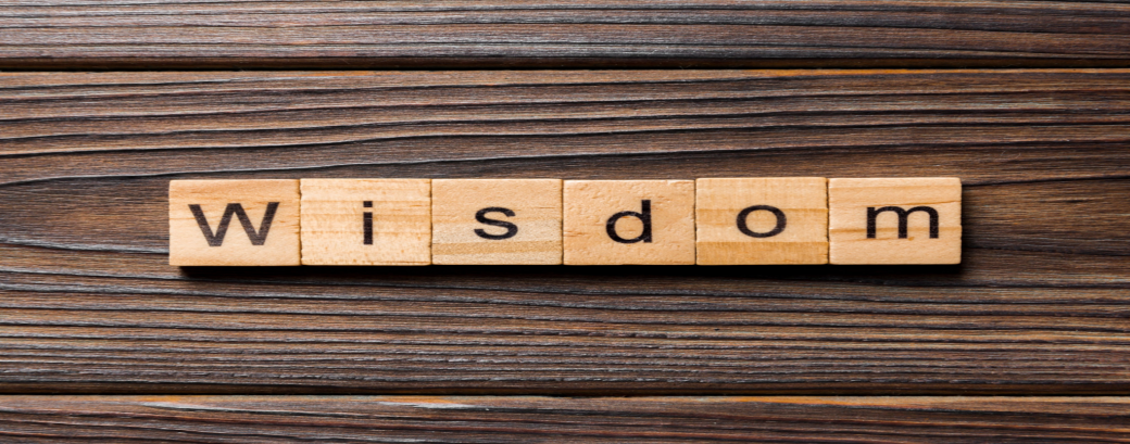 The word "wisdom" displayed on wooden blocks. 2